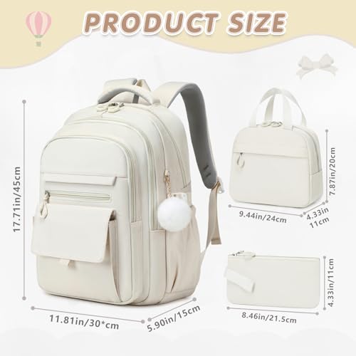 GeeWin Backpacks for Girls, Girls Backpack with Lunch Box & Pencil Case Set, 17 Inch Waterproof Girl Bookbag with Lots of Pockets for Kids, Teens, Elementary Middle High College School Student(Beige) - color: Beige