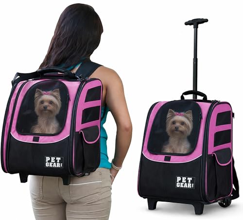 Pet Gear I-GO2 Roller Backpack, Large Traveler, Pink Diamond | Travel Carrier, Car Seat for Cats/Dogs, Mesh Ventilation, Telescoping Handle, Storage Pouch, Included Tether - color: Pink Diamond, size: 16.0"L x 12.0"W x 15.0"H