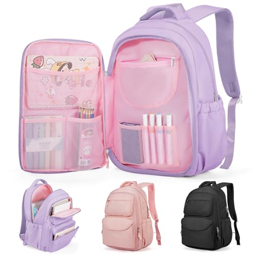 Cute Backpack For School Teens Girls, Aesthetic Kids Elementary School Backpacks, Waterproof Middle Students Bookbag, Large Capacity Backpack For College Women Men (Purple) - color: Purple
