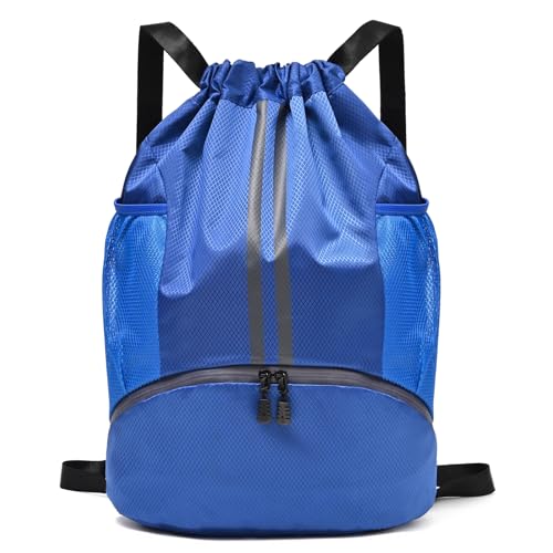 LOKAPEGY Drawstring Gym Bag for Men, Waterproof Drawstring Backpack for Women, Swim with Shoes Compartment, Pull String Sport Bag for Soccer and Basketball. (Blue) - color: Blue