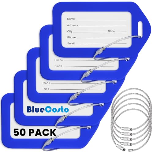 BlueCosto - Luggage Tags - Blue, 50 Pack - Suitcase Tags with Name ID Card & Heavy-Duty Metal Wire Loops - Bright Colored PVC Identifiers for Travel Baggage - Backpack Name Labels - color: Blue, size: 50