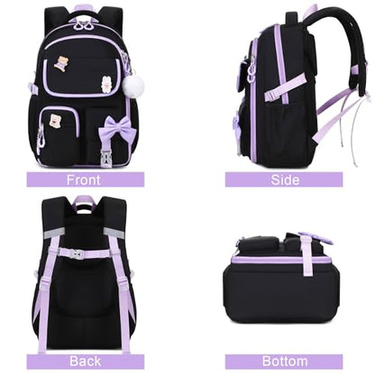 ACESAK Girls Backpack - 3PCS Backpack for Girls Cute School Backpacks for Girl Kindergarten Elementary Preschool Middle Kids School Bags with Lunch Box Pencil Case Set (Black-Purple) - color: Black Purple