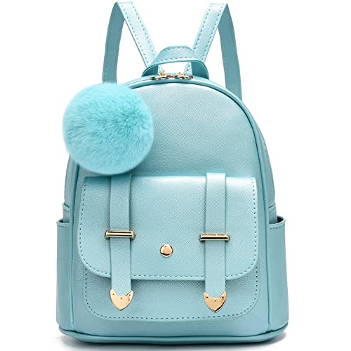 I IHAYNER Girls Fashion Backpack Mini Backpack Purse for Women Teenage Girls Purses PU Leather Pompom Backpack Shoulder Bag - color: Pearl Blue