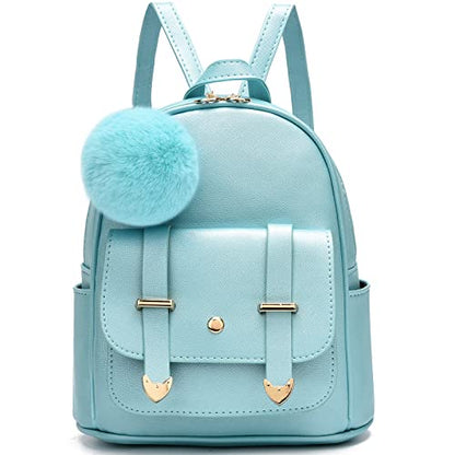 I IHAYNER Girls Fashion Backpack Mini Backpack Purse for Women Teenage Girls Purses PU Leather Pompom Backpack Shoulder Bag - color: Pearl Blue