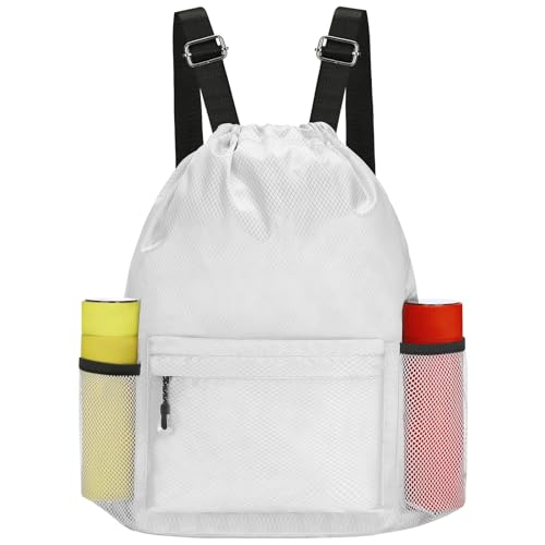 Waterproof Drawstring Bag, Lightweight String Backpack with Water Bottle Holder and Pockets, Gym Sports Cinch Sackpack (Grey) - color: Grey