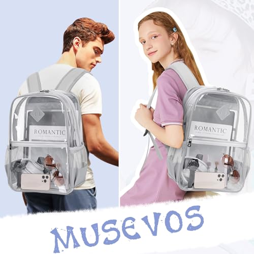 MUSEVOS Clear Backpack, Heavy Duty See Through Daypack for Travel, Work, Security, Concerts, College Transparent PVC bookback Stadium Approved, Grey - color: Grey