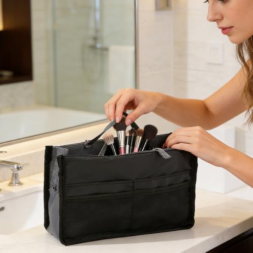 1 Piece Purse Organizer Insert, Foldable Bag in Bag Organizer, Multi-Pocket Tote Organizer, with Handheld Design, for Digital Accessories, Cosmetics (Black) - color: Black