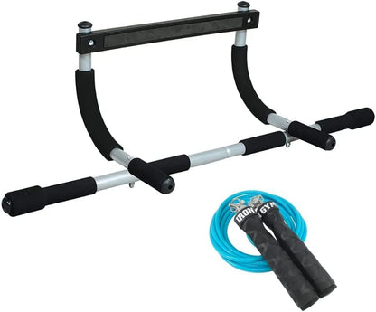 Iron Gym Pull-Up Bar - Total Upper Body Workout Bar for Doorway, Adjustable Width Locking, No Screws Portable Door Frame Horizontal Chin-up Bar, Fitness Exercise - style: Pull-Up Bar + Jump Rope