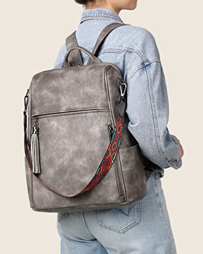 FADEON Leather Laptop Backpack for Women Designer 15.6 inch PU Laptop Bag, Ladies Travel Computer Work Backpack Grey - color: Charcoal Grey Retro Style