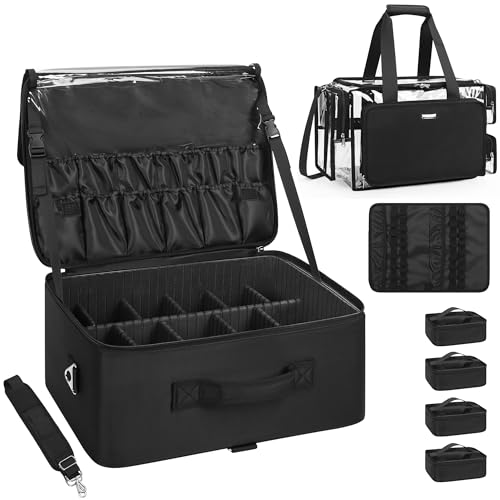 Relavel Extra Large Makeup Case and Clear Makeup Bag, Professional Cosmetic Storage Organizer Box Brush Holder with 4 Clear Set Bags & Lipstick Plate for Makeup Artists with Adjustable Dividers, Black - color: Black with Clear Makeup Bag, size: Extra Larg