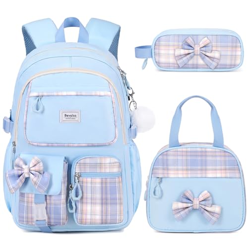 Bevalsa Backpack for Girls, School Bags for Kids with Lunch Bag & Pen Case, Bow Plaid Bookbag for Girls Children Teens for Elementary Middle High school College Student with USB Charging Port - color: Blue Plaid