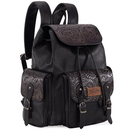 Montana West Wrangler Backpack Purse for Women Men Western Backpack Floral Tooled Travel Bags - color: Carve Black