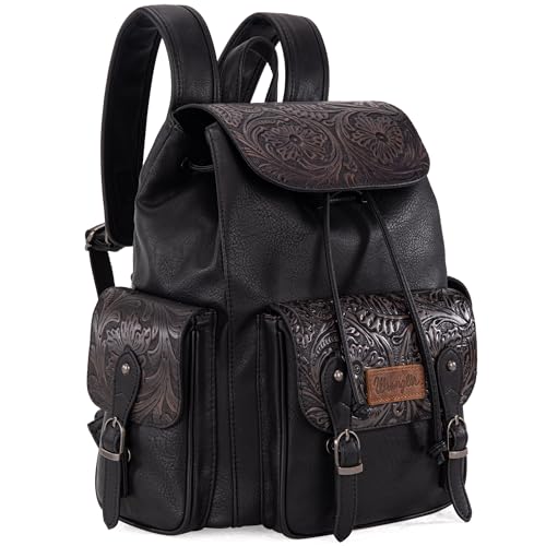 Montana West Wrangler Backpack Purse for Women Men Western Backpack Floral Tooled Travel Bags - color: Carve Black