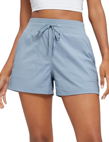 CRZ YOGA Lightweight Casual Shorts for Women 3.5" - High Waisted Linerless for Athletic Lounge Hiking with Zip Pockets - color: Cambric Blue, size: Large