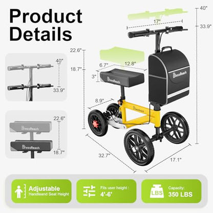 BlessReach Economy Steerable Knee Walker - Compact Crutch Alternative for Foot Injuries with Dual Braking System (Yellow) - color: Yellow