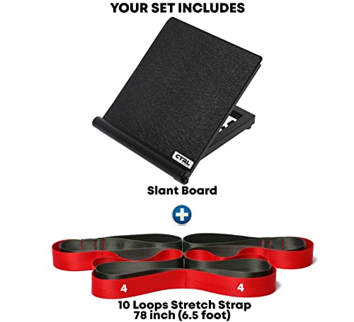 Stretching Strap with Loops - Non Elastic Stretch Band for Physical Therapy, Yoga Strap for Stretching Equipment, Stretch Bands for Exercise and Flexibility - Fascia, Hamstring & Leg Stretcher Belt - style: 10 Loops Red + Black Slant Board