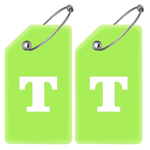 Gostwo 2 Pack Silicone Luggage Tags for Suitcases, 26 Initial Letter Baggage Labels Handbag School Bag Suitcase Instrument Tag with Stainless Steel Loop(Green)(Letter T) - color: Green, size: T