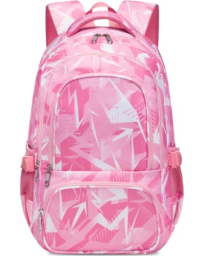 BLUEFAIRY Kids School Backpack for Boys Girls Ages 6-8 8-10 10-12 Elementary Middle School Book Bags with Laptop Compartment Mochilas Escolares para Niños Niñas de 8 10 12 Años (Pink, Geometric) - color: Pink