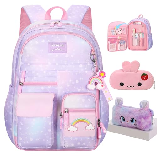 Jcobvig Rainbow Backpack For Girls Kids,Cute Student School Backpack With Pen Bag,Aesthetic Starry Rainbow Laptop Travel Bag - color: Purple, size: Large
