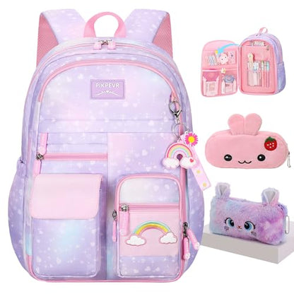 Jcobvig Rainbow Backpack For Girls Kids,Cute Student School Backpack With Pen Bag,Aesthetic Starry Rainbow Laptop Travel Bag - color: Purple, size: Medium