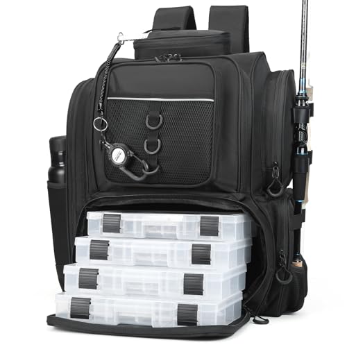 WANOON Fishing Backpack,Tackle Bag,with Tackle Boxes. Large Fishing Bag, Strong Materials | Waterproof Fishing Bag,adjustable divider, hideable shoulder straps, SBS anti-rust zippers, for kayak bank fishing - color: Black, size: 42L-With Tackle Boxes