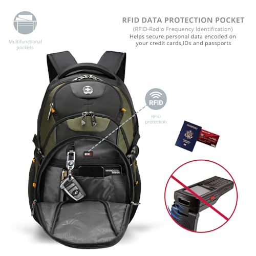 Swissdigital Design Laptop Backpack, Travel Backpack with USB Charging Port Fits 15.6 inches Computer, 31L College School Bookbag for Men,Olive/Black | SD803-26 - color: Olive/Black