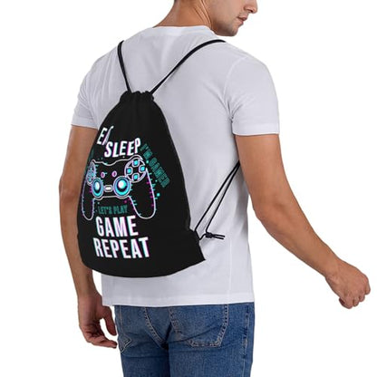 Eat Sleep Game Repeat Unisex Drawstring Backpack Bag Sport Gym Travel Swim Sackpack - color: Eat Sleep Game Repeat