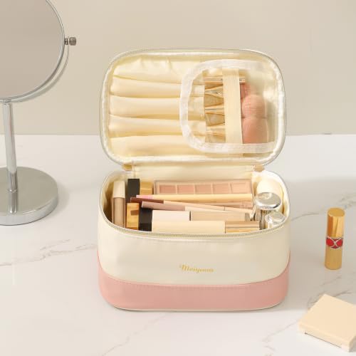 Meiyuuo Makeup Bag Large Cosmetic Bags for Women Girls Two-tone Cute Travel Zipper Pouch Toiletry Organizer for Beauty Essentials Waterproof (Dual Pink) - color: Dual Pink