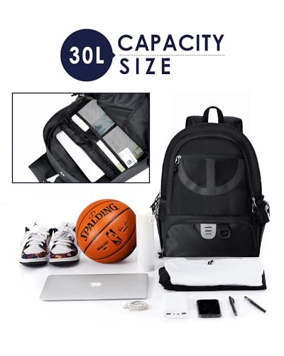 Basketball Bag Backpack for Men Women with Ball & Shoes Compartment 30L Capacity Lightweight Breathable Boys Girls Soccer Ball Bag Backpack Fit Volleyball Football Sports Travel School Gym - color: TK8Black