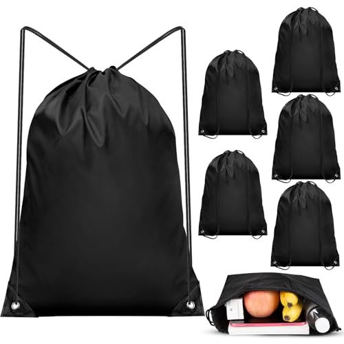 IKAYAS 6Pcs Drawstring Bags Bulk Black Drawstring Backpack, String Backpack Cinch Sack Sport Gym Backpack Bags for Yoga Traviling Outdoor Sports - color: Black