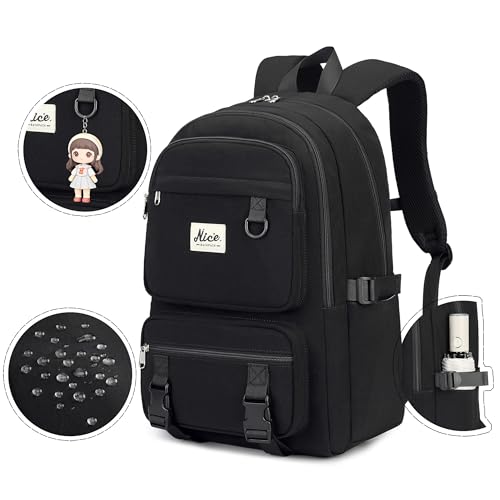 Laptop Backpack for Women College High Schoolbag Big Students Bookbags Large Multi pocket Travel Daypack Casual (Black) - color: Black