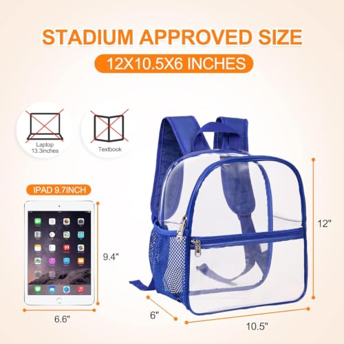 Oraben Clear Backpack Stadium Approved, Clear Bag 12 x 6 x 11 in, Small Transparent Backpack for Concerts, Sports Events, Festivals, Waterproof, Adjustable Straps, Women Men - color: Royal Blue, style: Enhanced Strap