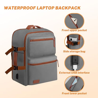 Expandable Travel Backpack Women Men with USB Charging Port, 15.6 Inch Laptop Backpack Waterproof Carry on Flight Approved for Travel Work Hiking College, Grey - color: Grey