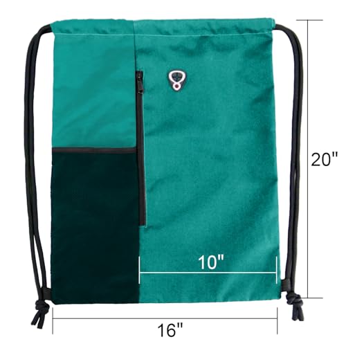 BeeGreen Marrs Green Drawstring Backpack Gym Bag For Men & Women – Sports Sackpack with Mesh Water Bottle Holder & 2 Zippered Pockets – Large 16x20 Inch Cinch String Backpack - color: Marrs Green, style: Drawstring With Mesh Pocket