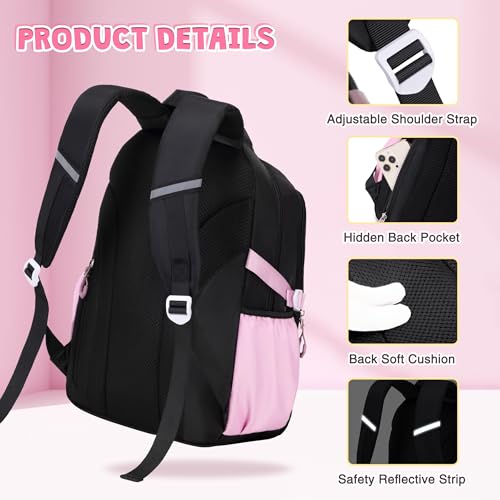 DIGOBAY 3PCS Girls Backpack for School, Kids Backpack for Girls with Lunch Box Pencil Case Set for Teen Girl Elementary Primary Middle High College School Bookbag with Cute Pins (Black-Pink) - color: Black-pink