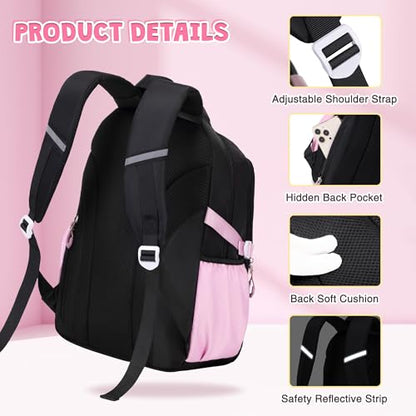 DIGOBAY 3PCS Girls Backpack for School, Kids Backpack for Girls with Lunch Box Pencil Case Set for Teen Girl Elementary Primary Middle High College School Bookbag with Cute Pins (Black-Pink) - color: Black-pink
