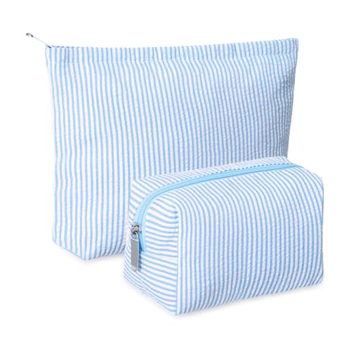 Huhumy 2 Pcs Makeup Bag Set Cute Cosmetic Pouch for Women Seersucker Travel Toiletry Bag Preppy Small Makeup Purse Pouch Aesthetic Skincare Brushes Storage Organizer for Valentine Women(Blue) - color: Blue, style: Thin Striped Seersucker