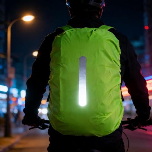 Backpack Rain Cover with Reflective Strip,1-Piece Medium (M) Fitted Water-Resistant Shell for Commuting and Outdoor Travel in Neon Green