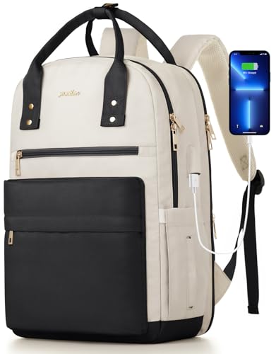 YAMTION Laptop Backpack Women Bookbag School Backpack Computer Bag for Girls College Work Office - color: Blackbeige, size: 15.6 inch