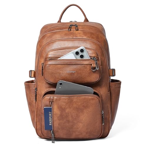 Vegan Leather Backpack, TSA Travel Backpack for Men and Women, Fits 17.0 Inch Laptop with Luggage Strap, Brown - color: Brown