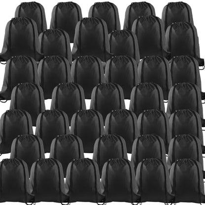 KUUQA 40pc Black Drawstring Backpacks - Gym, School, Travel - 40cm*34cm/15.7'x13.4' - Polyester & Faux Leather - Modern Design - Drawstring Closure - Unisex - Black - color: Black