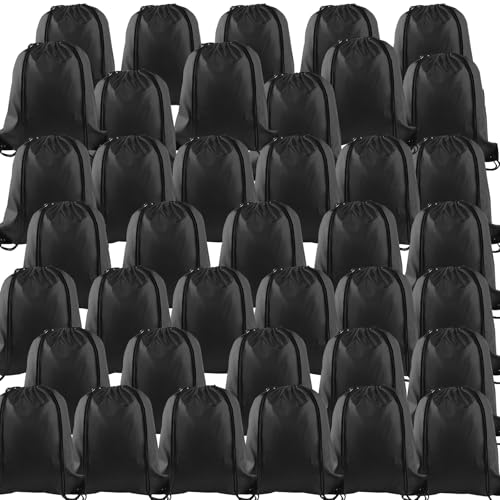 KUUQA 40pc Black Drawstring Backpacks - Gym, School, Travel - 40cm*34cm/15.7'x13.4' - Polyester & Faux Leather - Modern Design - Drawstring Closure - Unisex - Black - color: Black