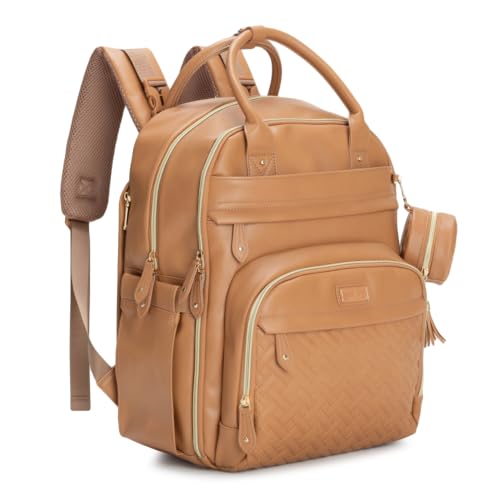 BabbleRoo Leather Diaper Bag Backpack - Baby Essentials Travel Baby Bag, Multi function, Water Resistant, with Changing Pad, Stroller Straps & Pacifier Case – Unisex, Light Brown - color: Vegan Leather Light Brown, size: Large
