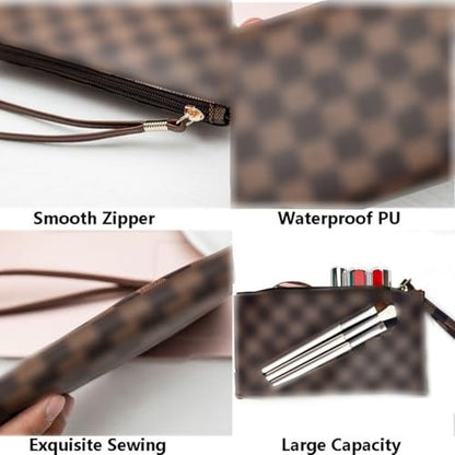 Makeup Bag,4 Pcs Brown Checkered Bags Set,Portable with Adjustable Partition,Large Capacity Pouch for Travel Cosmetic Organizer, Coin Purse, Brushes Bag,Toiletries,Waterproof,Designer for Gift