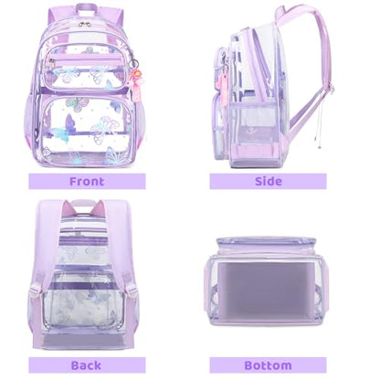 ACESAK Clear Backpack for Girls - 3 Pcs Clear Backpack Heavy Duty with Lunch Bag - See Through Bookbag Stadium Approved for Kids Middle High College School(Purple Butterfly) - color: Purple Butterfly