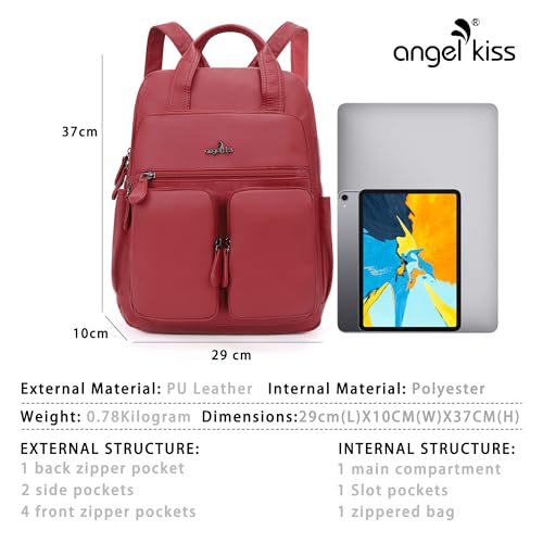 Angel Kiss Backpack Purse for Women Soft Washed Leather Multi Pocket Casual Travel Backpacks… - color: Red