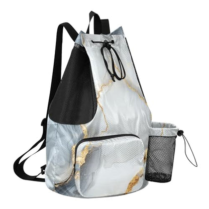 Drawstring Backpack For Women Men Sport Gym Sackpack With Water Bottle Holder String Bookbag Wet and Dry Separation Marble White Grey - color: Color 8