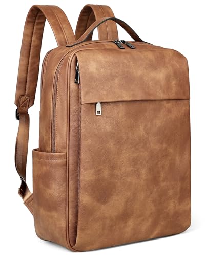 MASINTOR 15.6 inch PU Leather Laptop Backpack Purse for Women, Large College Casual Backpack Travel Bag Mocha Brown - color: Mocha Brown