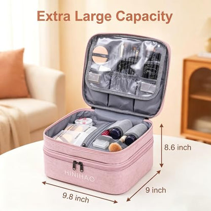 FAYYGYH Makeup Bag, Portable Cosmetic Bag, Travel Makeup Organizer With Handle and Divider, Double Layer Large Organizer Bag, Adjustable Dividers and Brush Organize area- Pink (makeup bag-small)
