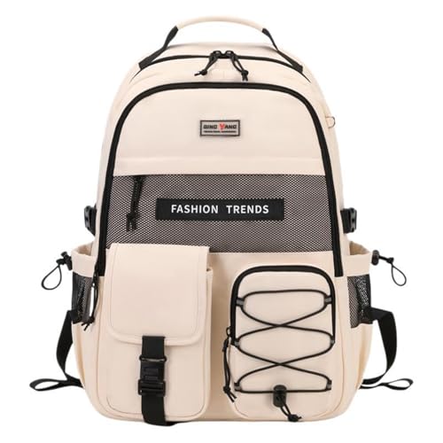 Lohol Multi-Pocket Backpack with 15.6 inch Laptop Compartment, Water Resistant Bookbag for School College and Travel (Beige) - color: Beige